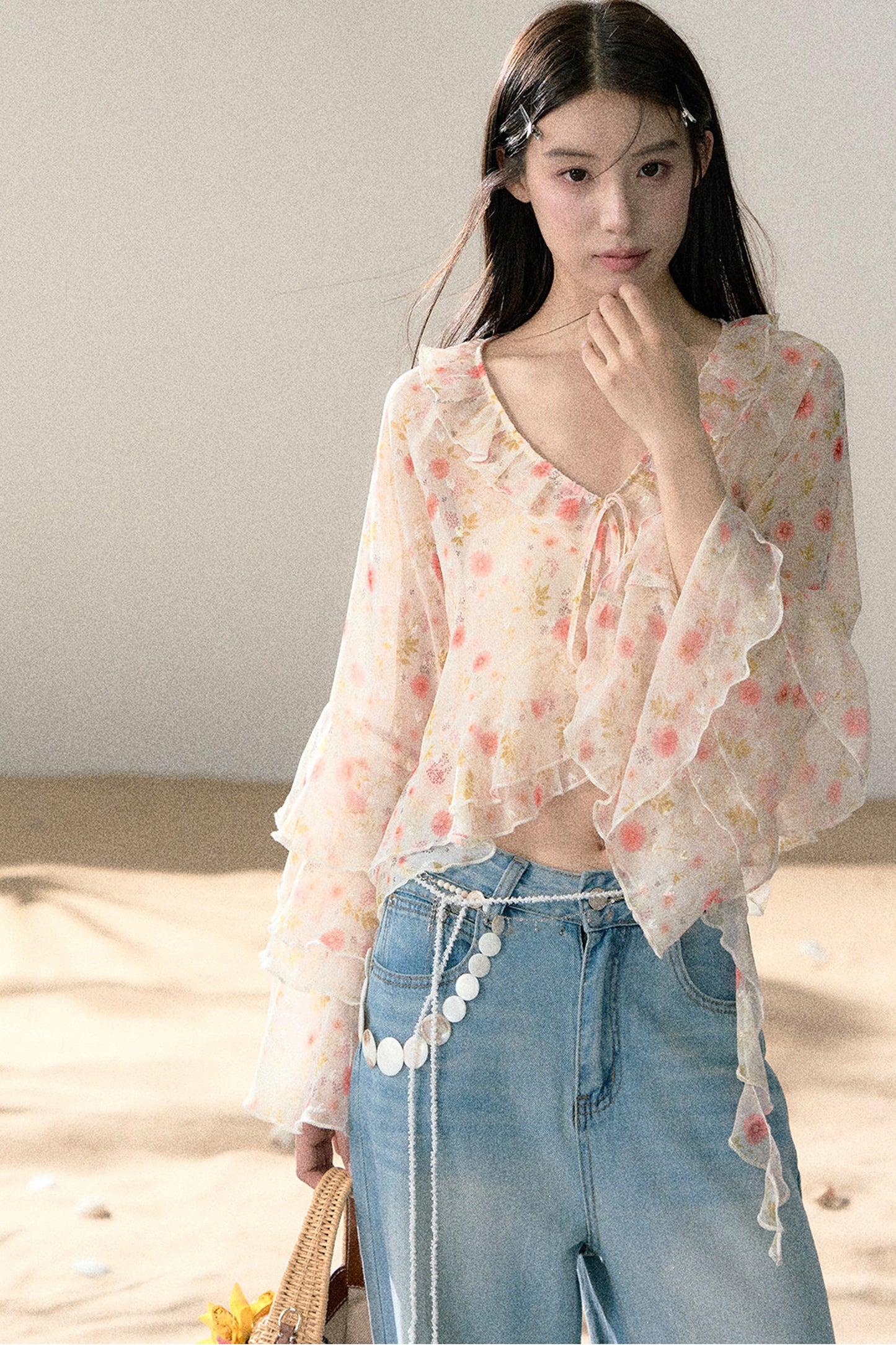 Floral Chiffon Ruffle Blouse