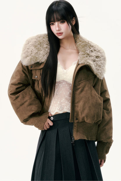 Olive Green Wool Collar Down Jacket