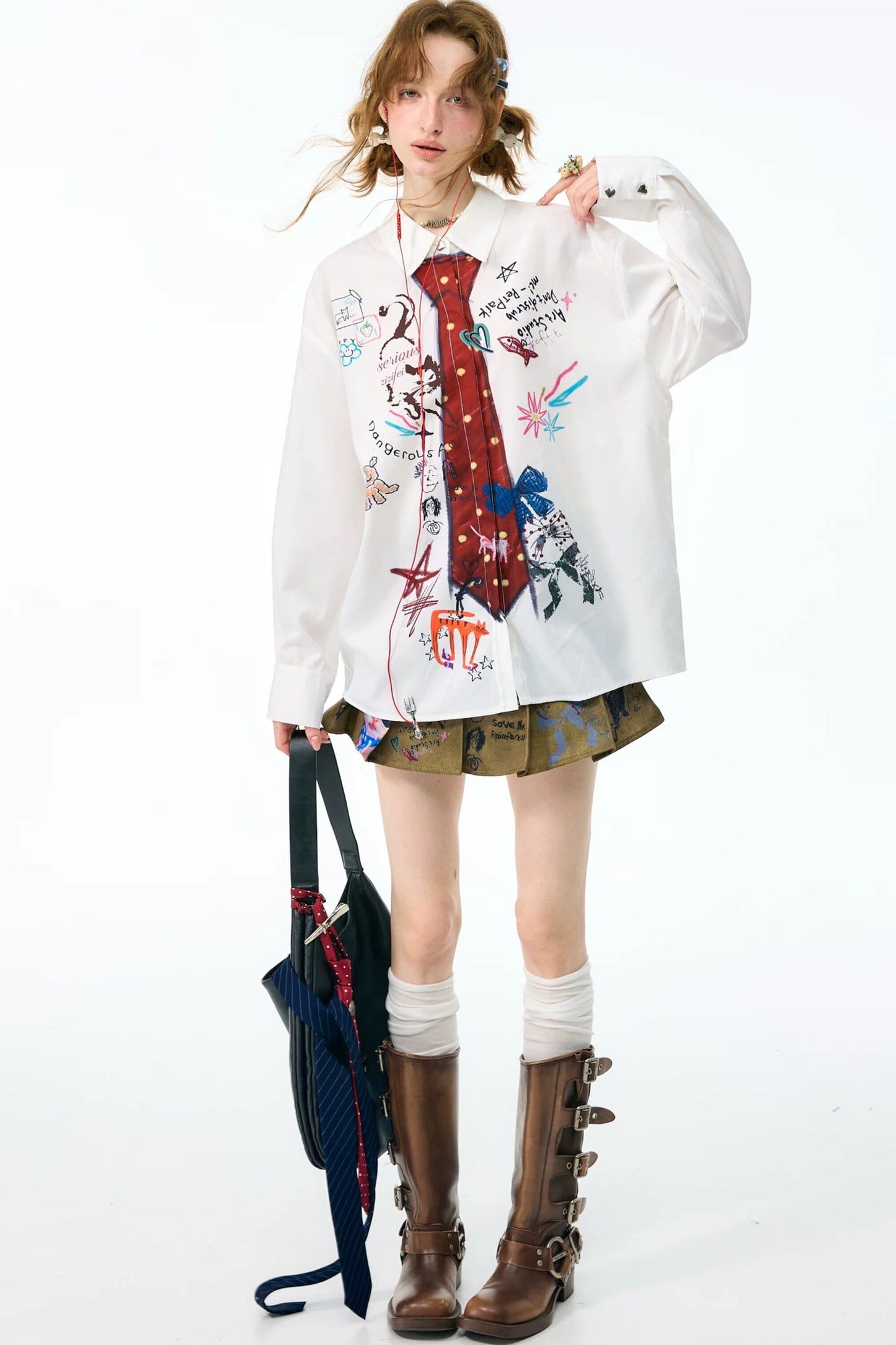 White Tie Print Long Sleeve Shirt