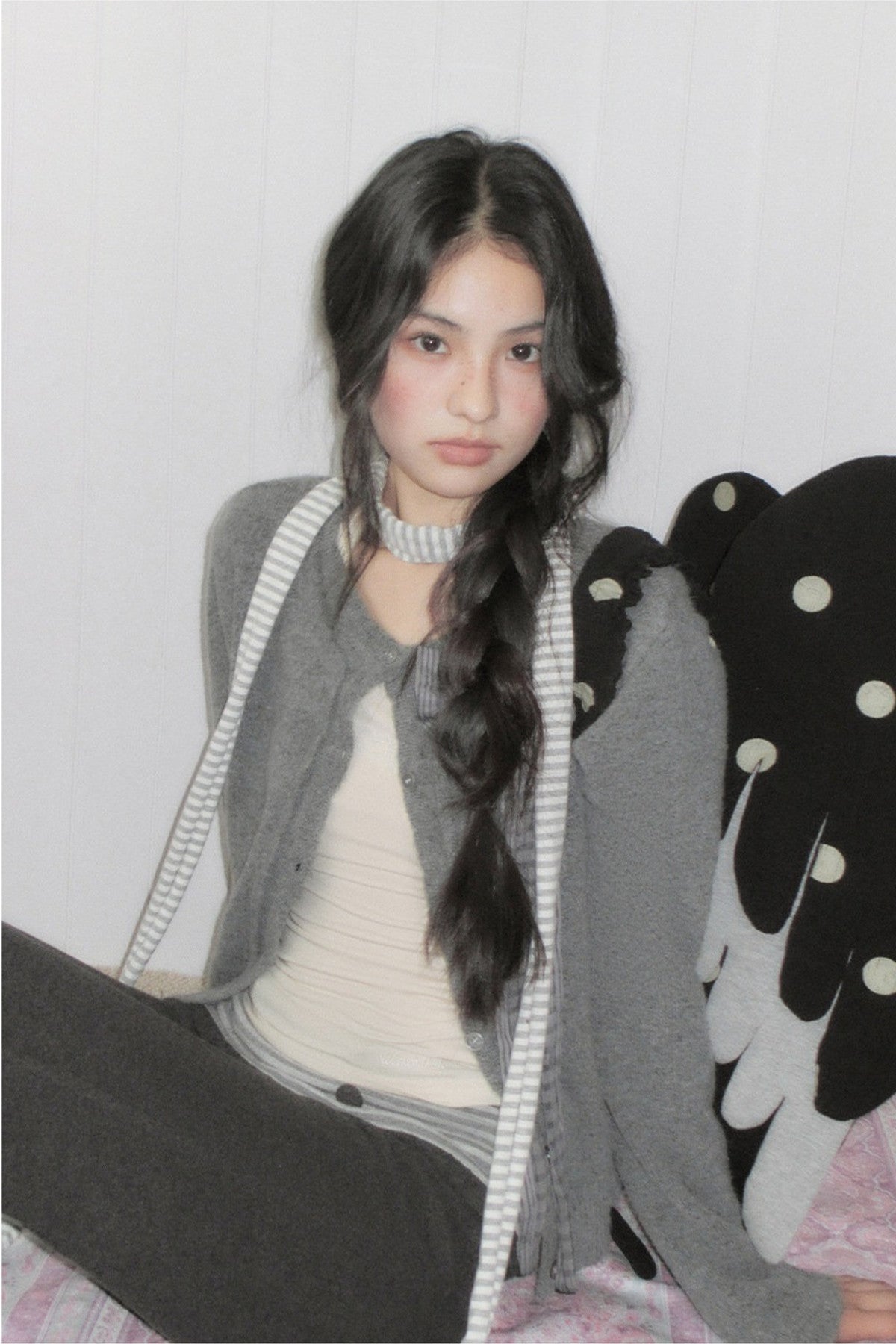 Gray Plaid Bow Knit Sweater and Pants Set-Up
