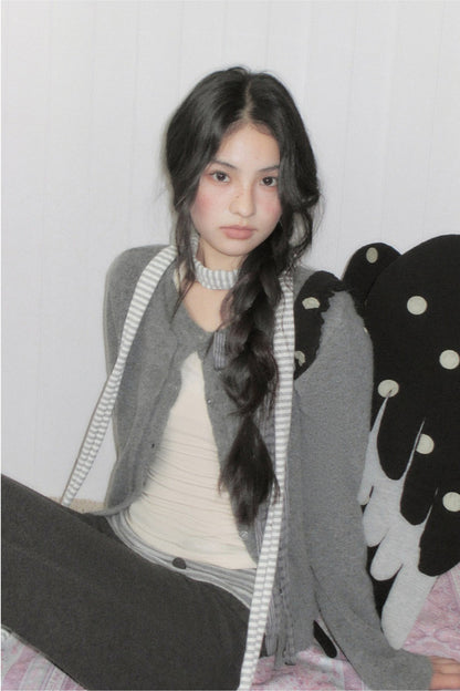 Gray Plaid Bow Knit Sweater and Pants Set-Up