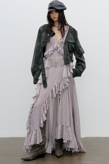 Dirty Pink Irregular Ruffle Strap Dress