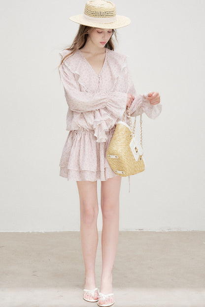 Floral Ruffle V-Neck Long-Sleeve Dress