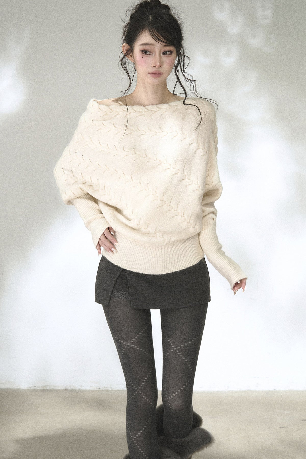 Diagonal Cable Knit Off-Shoulder Sweater
