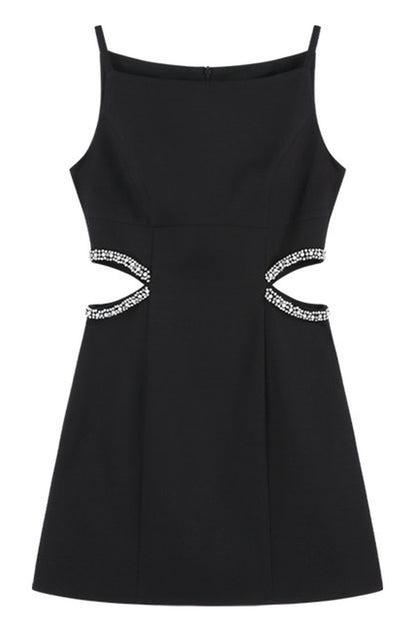 Schwarzes Spaghettiträger-Kleid mit aufwendiger Perlenverzierung