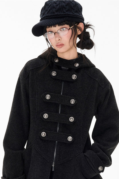 Woolen Hooded Irregular Hem Jacket