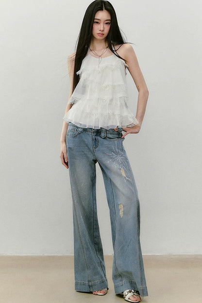 Top dos-nu patchwork en dentelle