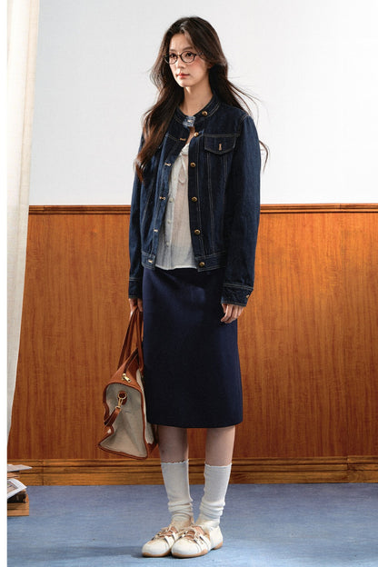 Round-Neck Gold Button Denim Jacket and Pants Set-Up