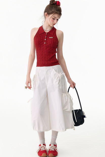 Red Knit Polo Collar Tank Top