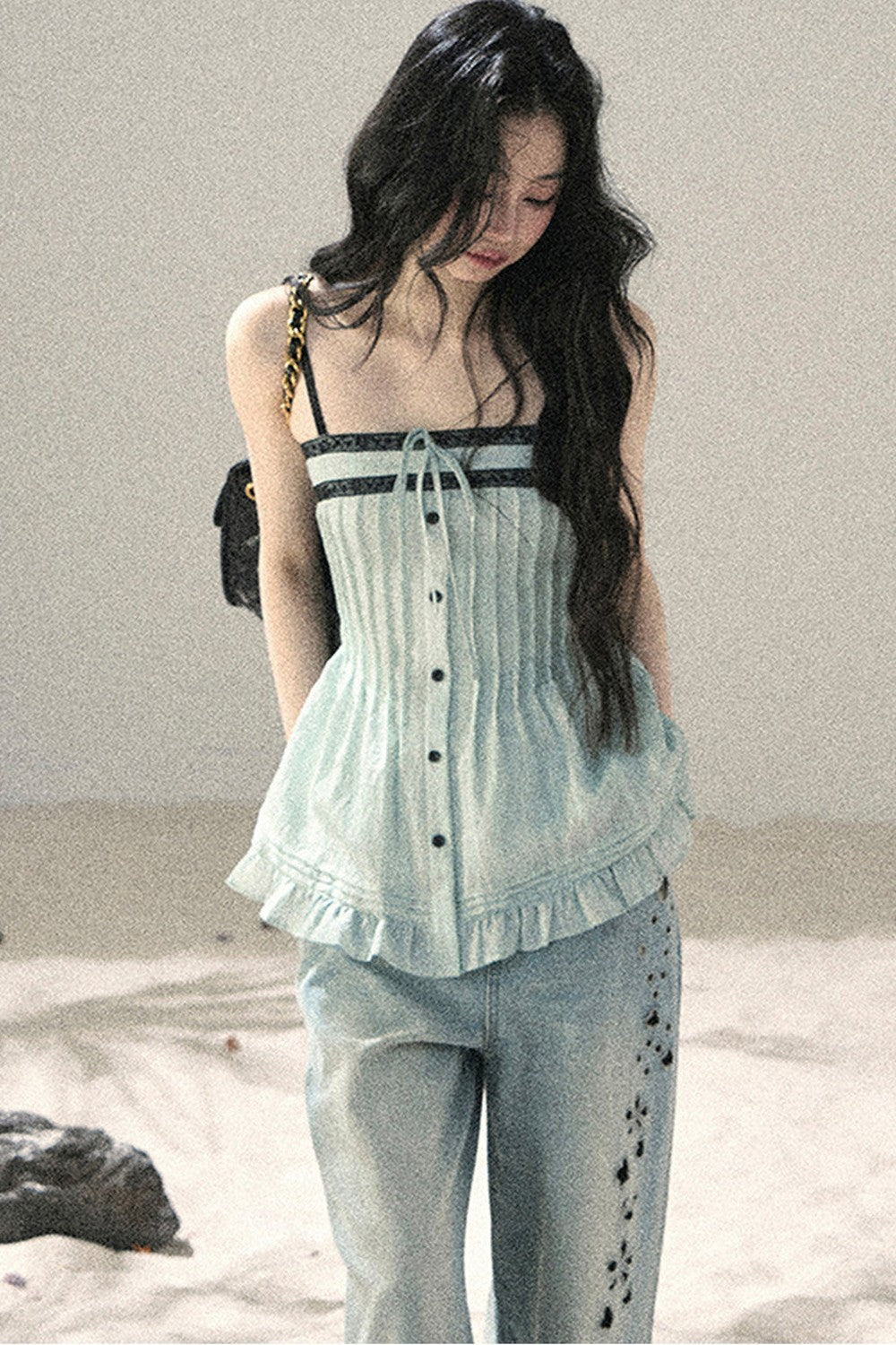 One-Shoulder Ruched Lace Camisole