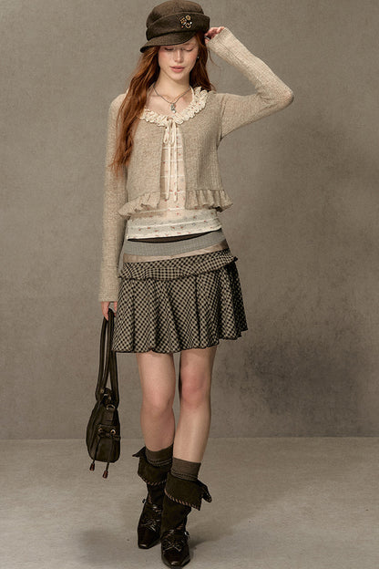 Ruffled Knit Cardigan With Camisole
