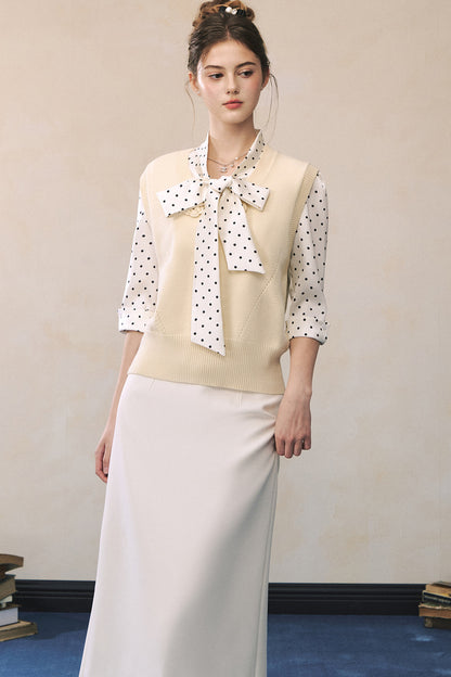 Polka Dot Satin Bow Tie Shirt and Skirt Set-UP