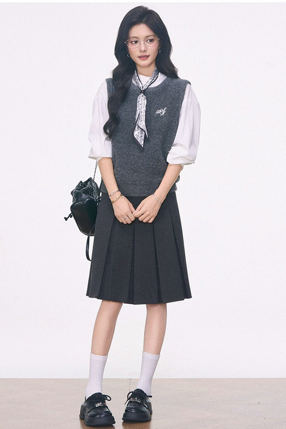 Knitted Vest Shirt and Skirt 3-Piece Set-Up