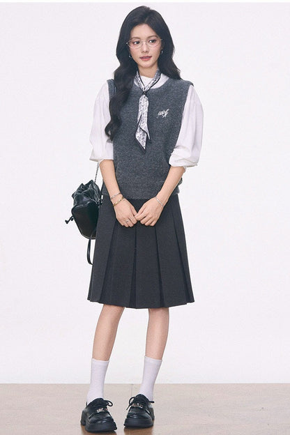 Knitted Vest Shirt and Skirt 3-Piece Set-Up