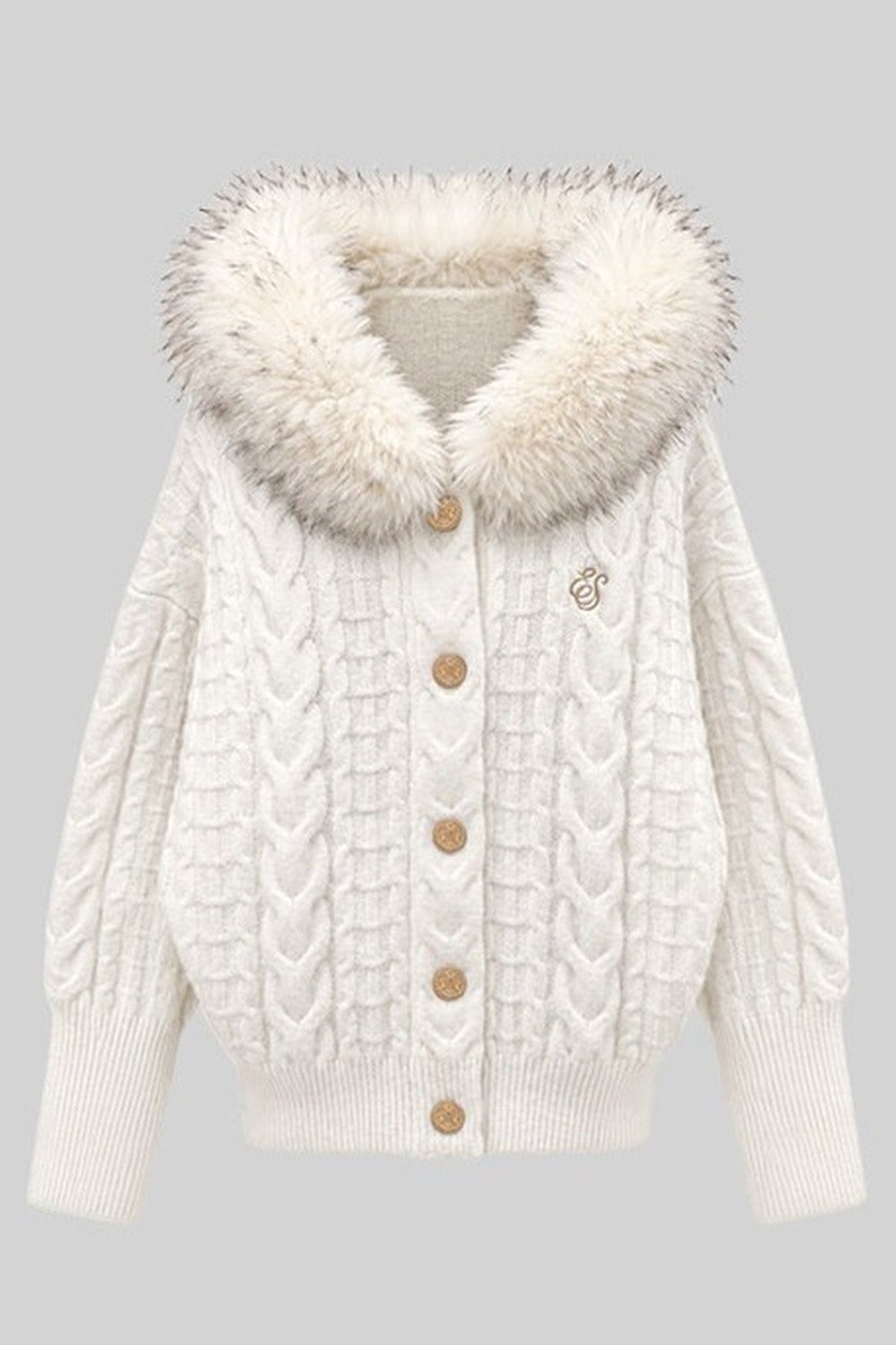 Fur Collar Knitted Cardigan and Skirt Set-Up
