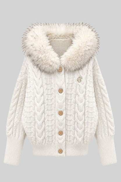Fur Collar Knitted Cardigan and Skirt Set-Up