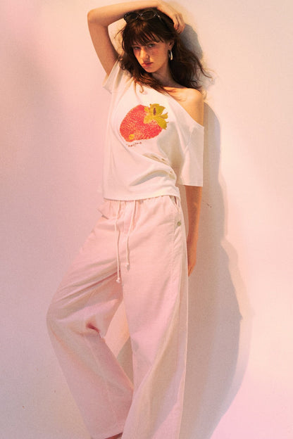 Strawberry Print One-Shoulder Blouse