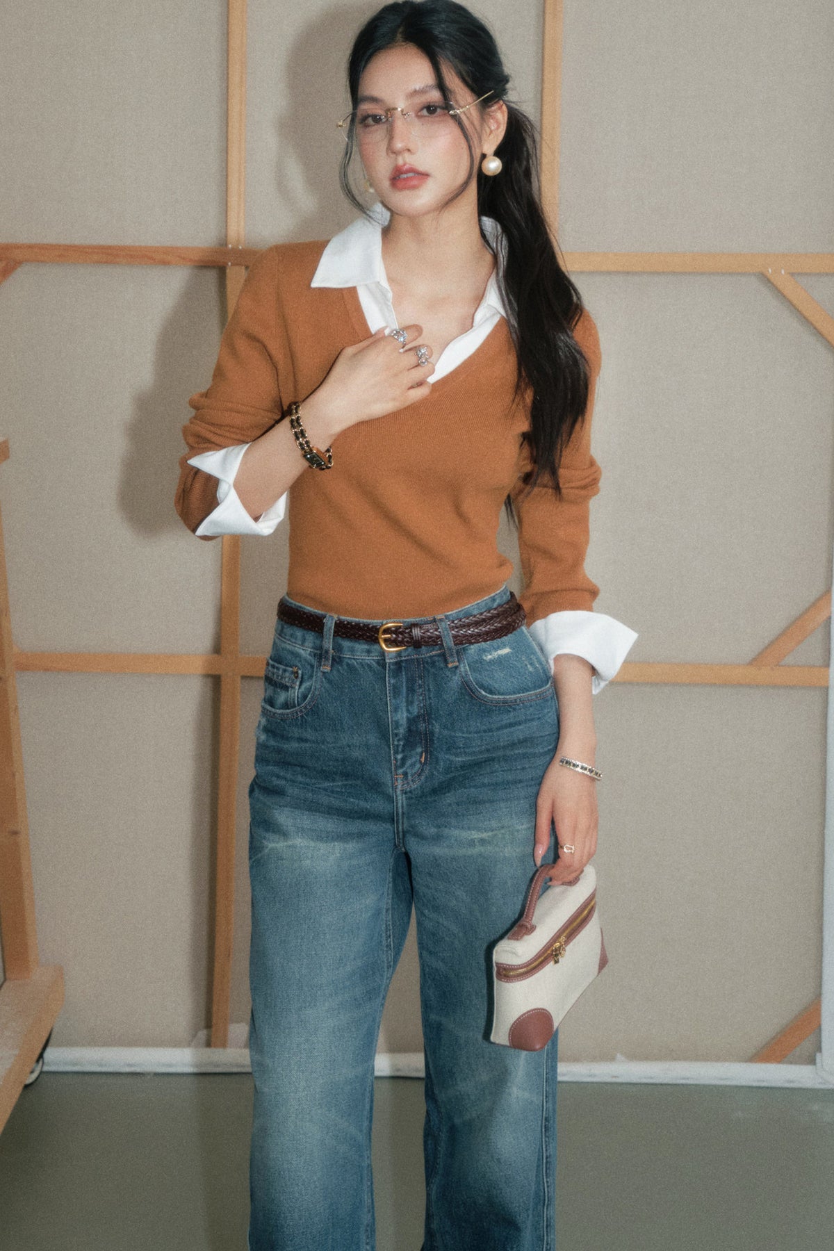Brown Layered-Look Wool Knit Top and Pants Set
