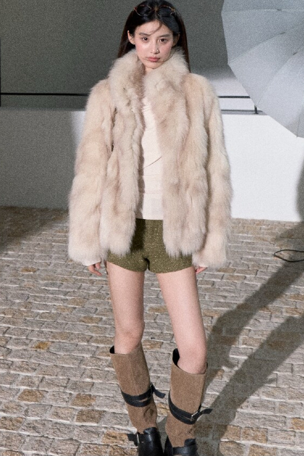 Gold Thread Wool Blend High-Waisted Shorts