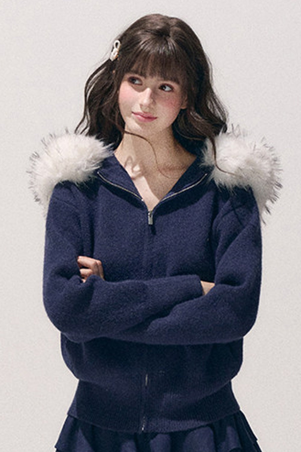 Embroidered Hooded Fur Collar Cardigan