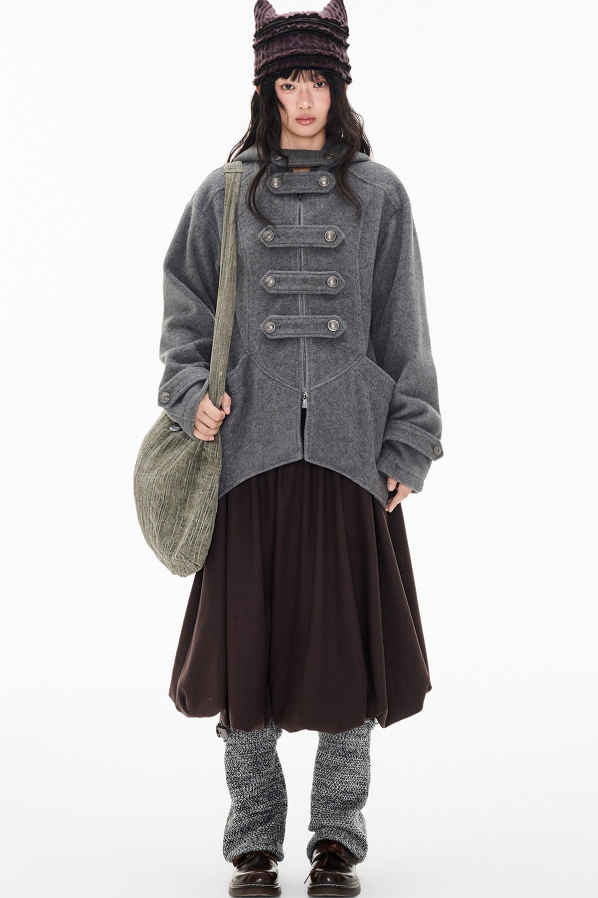 Woolen Hooded Irregular Hem Jacket