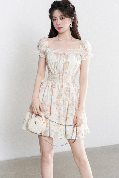 A-Line Puff Sleeve Square Neck Floral Dress