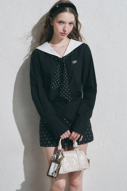 Classic Navy Collar Long-Sleeved Shirt