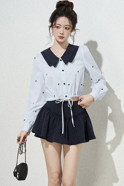 Doll Collar Drawstring Long-Sleeve Shirt and Skirt Set-Up