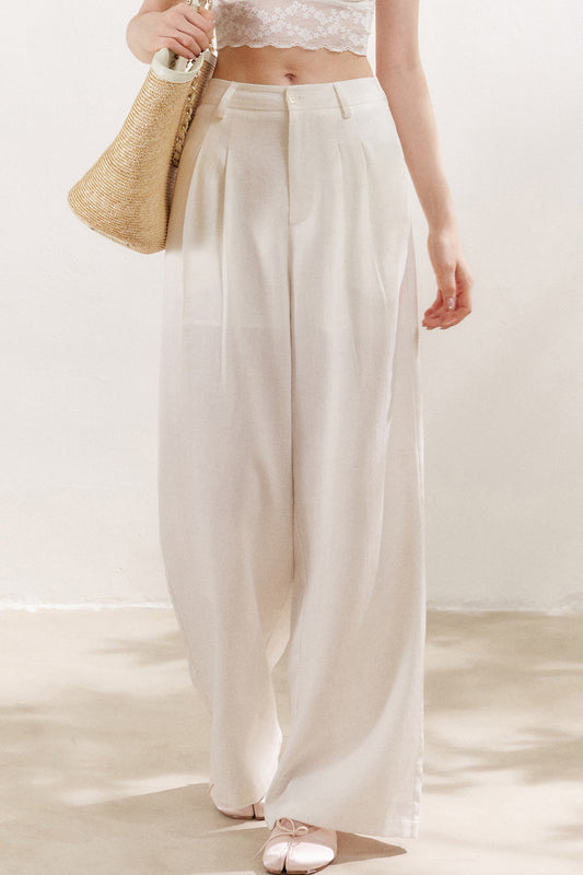 Double Pleated Wide Leg Linen Pants