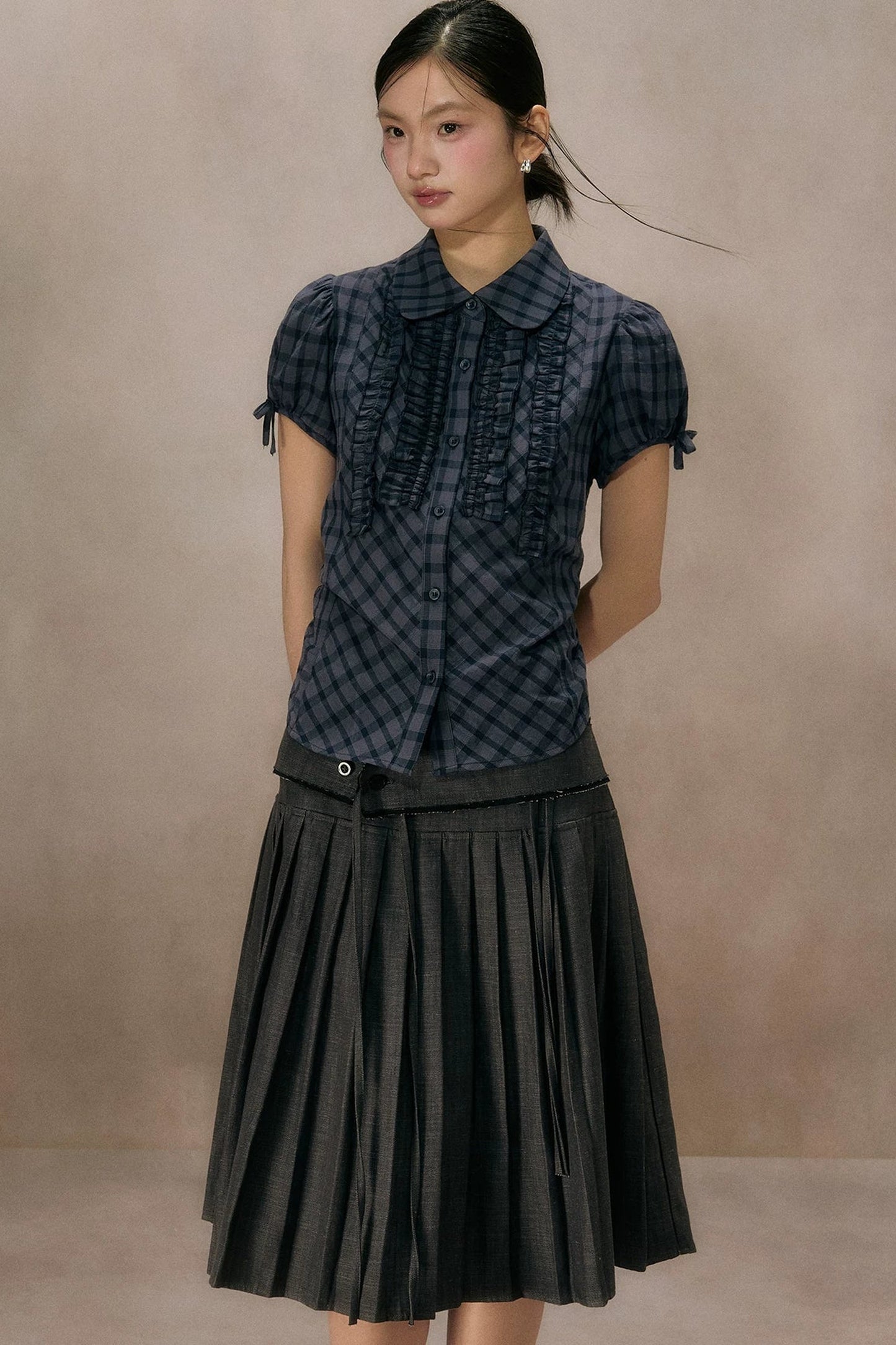 Navy Plaid Ruffled Short Sleeve Shirt