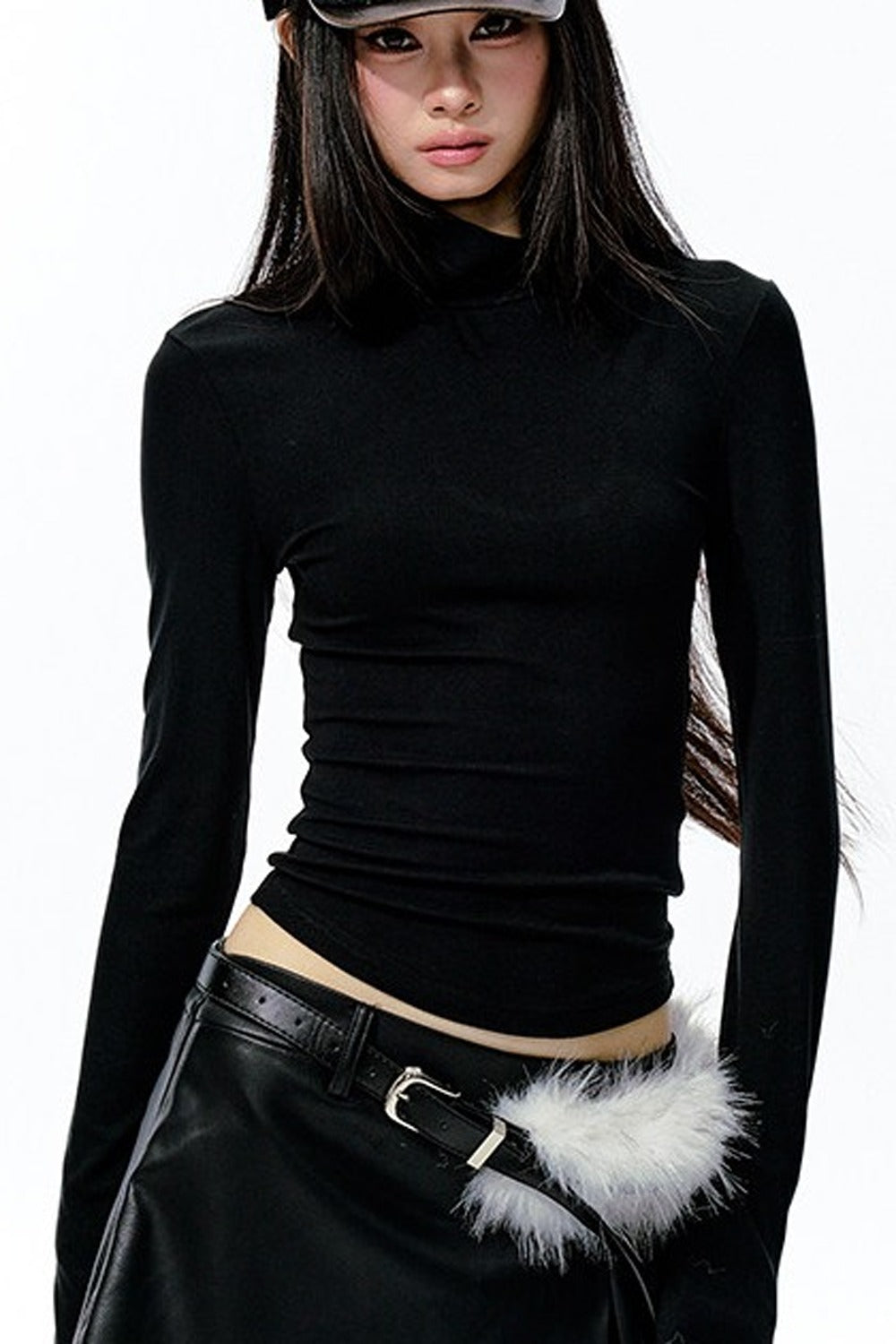 Large Hollow-Out Pearl Chain High-Neck Knit Top