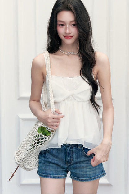 White Floral Lace Camisole Cardigan Set-Up
