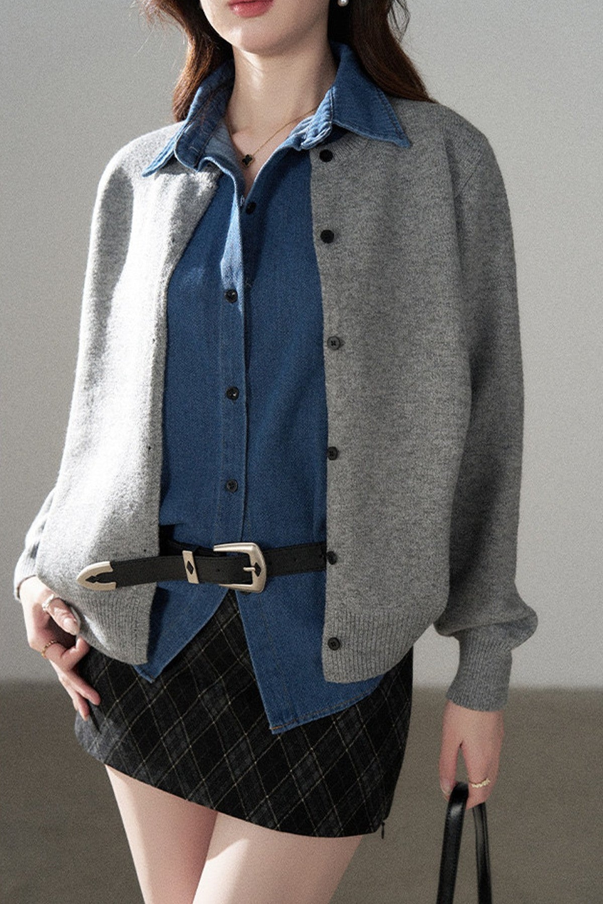 Layered-Look Denim Collar Sweater