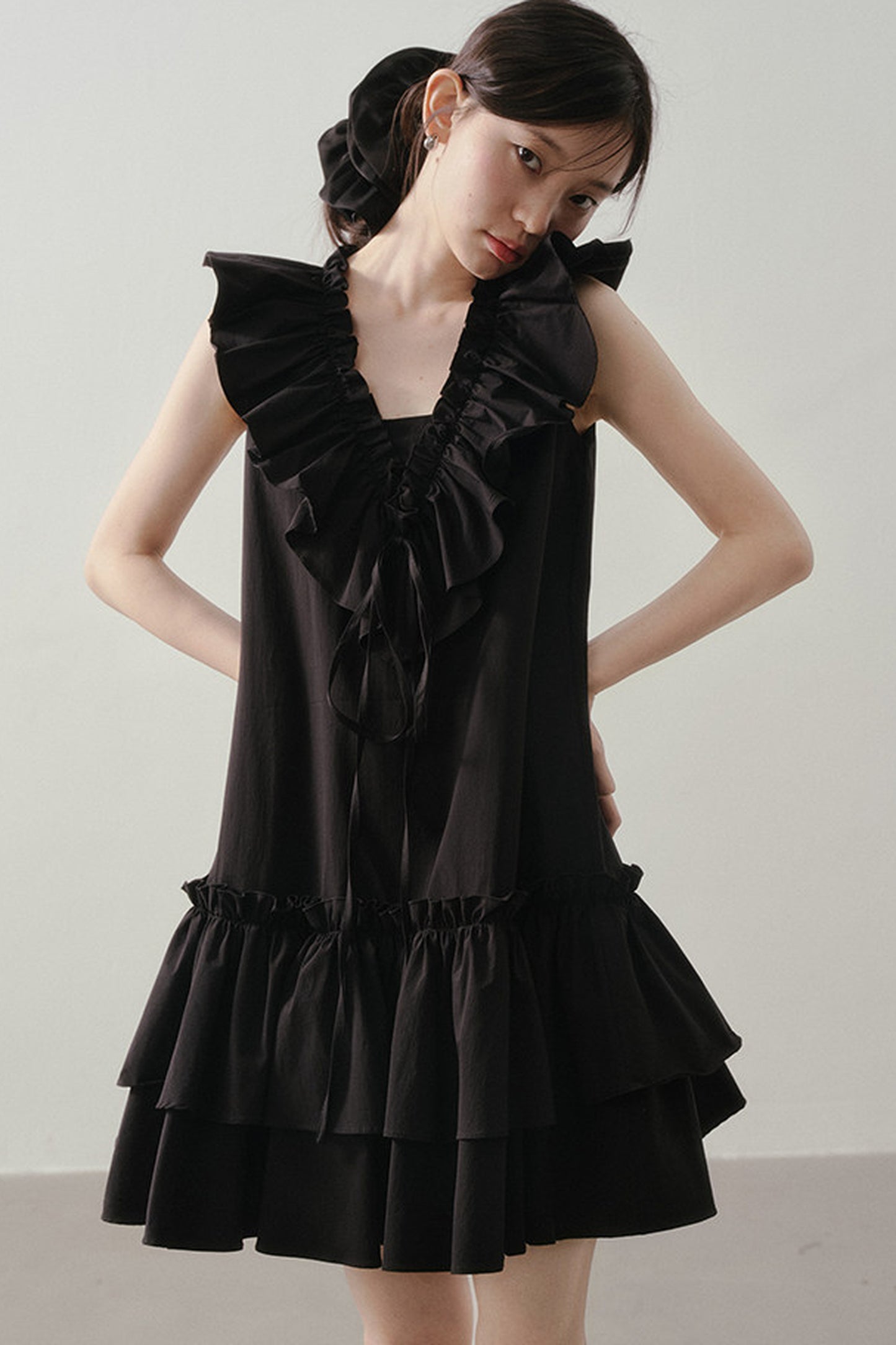 Ruffle V-Neck Tie Sleeveless Black Dress
