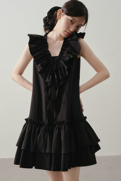 Ruffle V-Neck Tie Sleeveless Black Dress