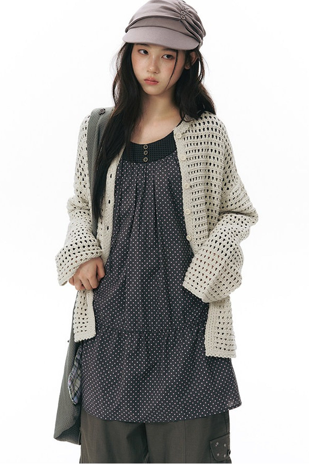 Solid Color Hollow Knit Cardigan