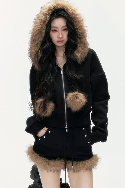 Studded Embroidered Detachable Fur Collar Sweatshirt And Shorts Set-Up