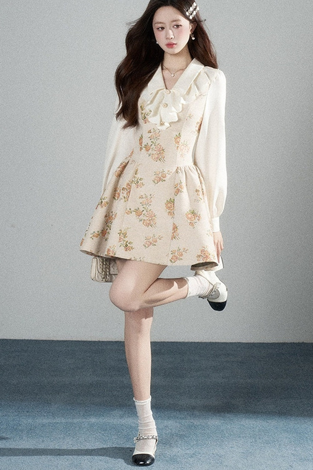 Floral Lantern Sleeve Ruffle Collar Dress