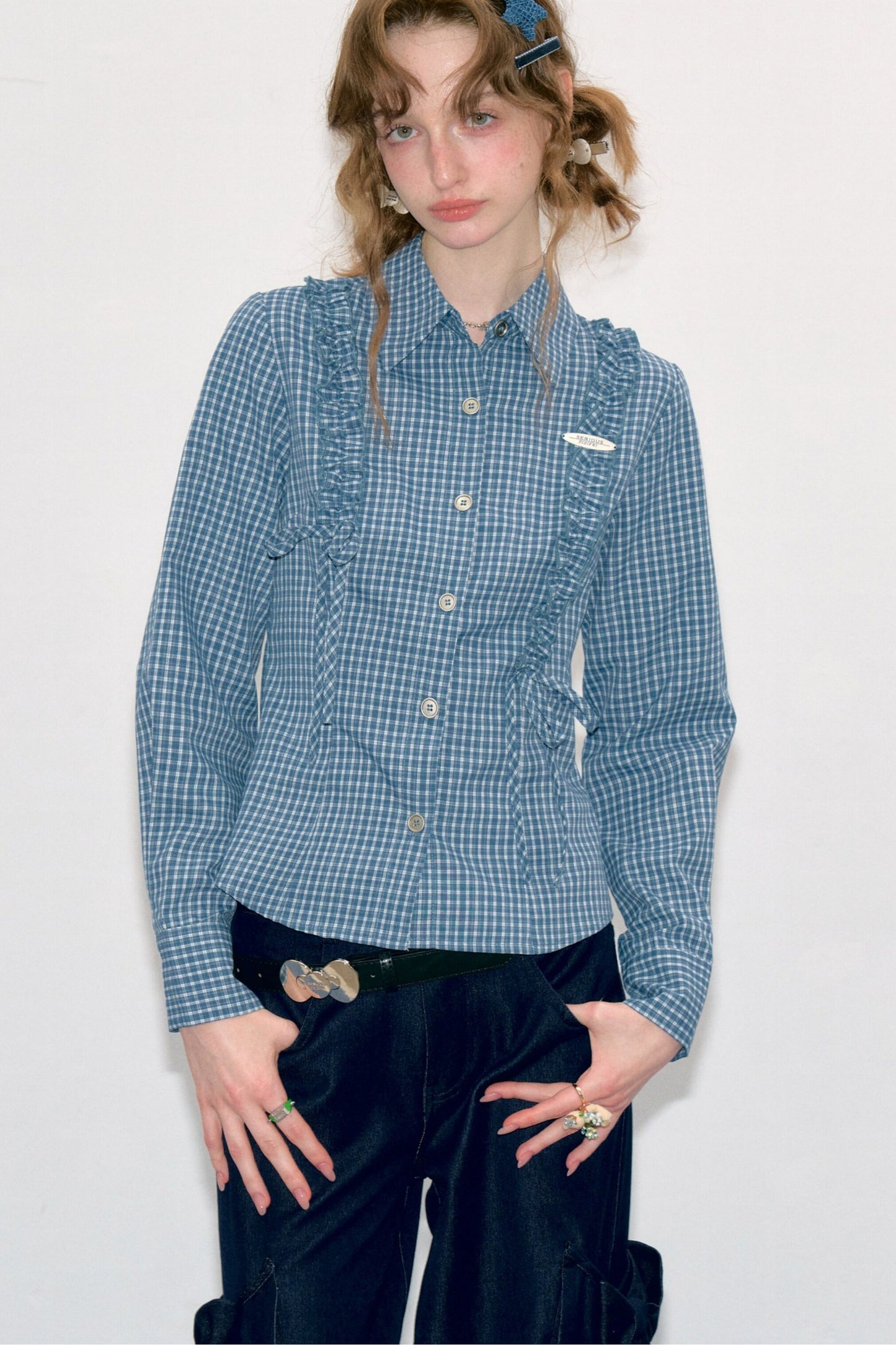 Blue Plaid Slimming Long Sleeve Blouse