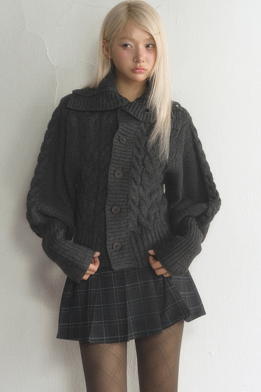Large Lapel Cable Knit Cardigan and Skirt Set-Up