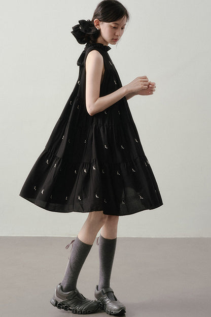 Embroidered Sleeveless Ruffle Stand Collar Dress
