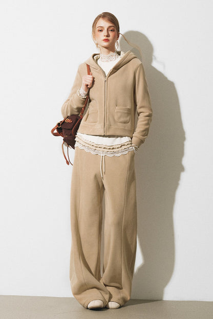 Oatmeal Fleece Hooded Sweatshirt Jacket and Wide-Leg Pants Set-Up