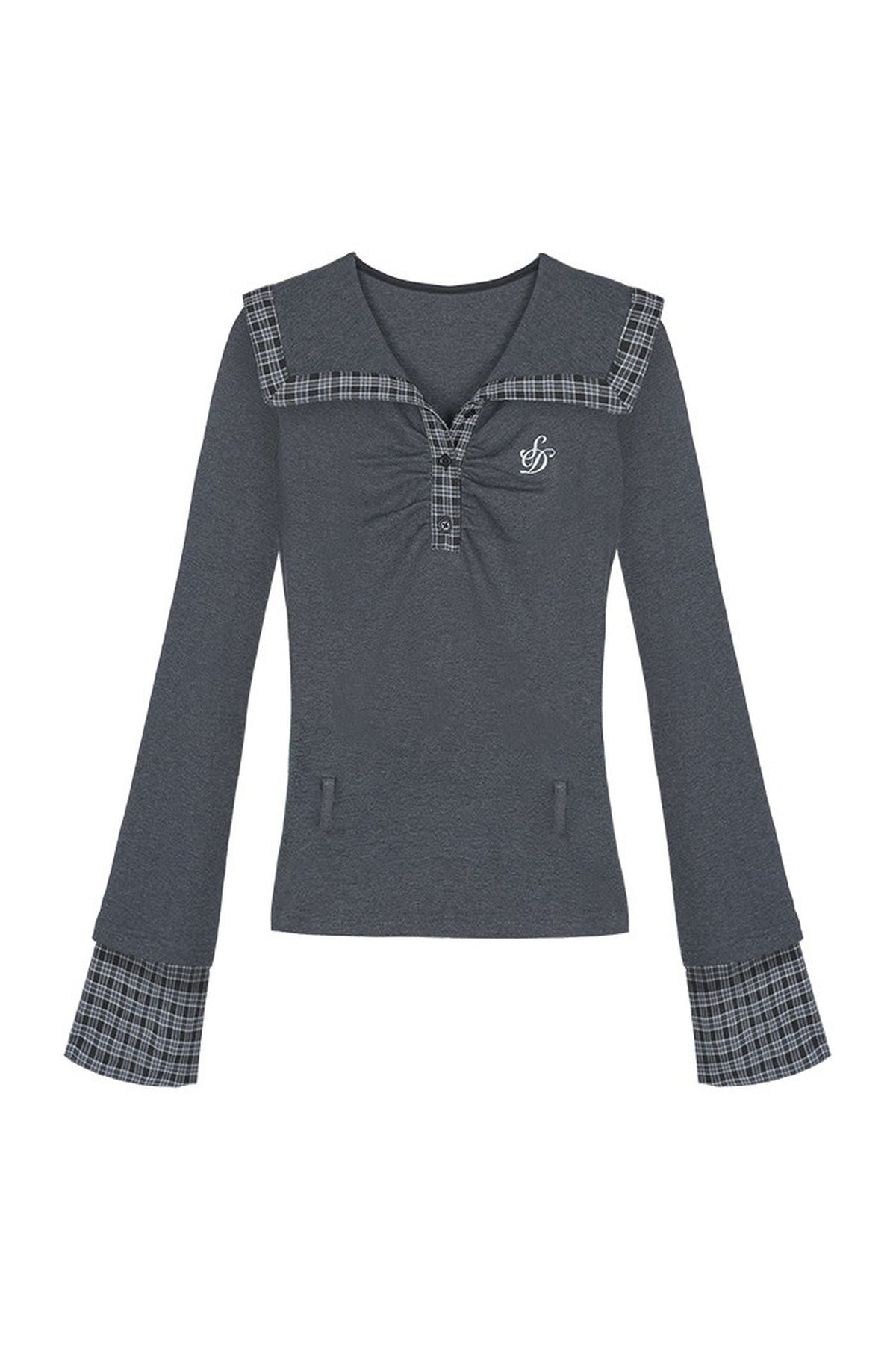 Gray Large Lapel Ruched Patchwork Blouse