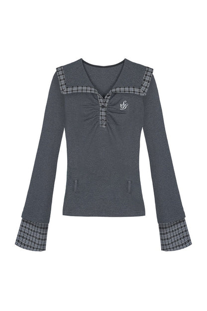 Gray Large Lapel Ruched Patchwork Blouse