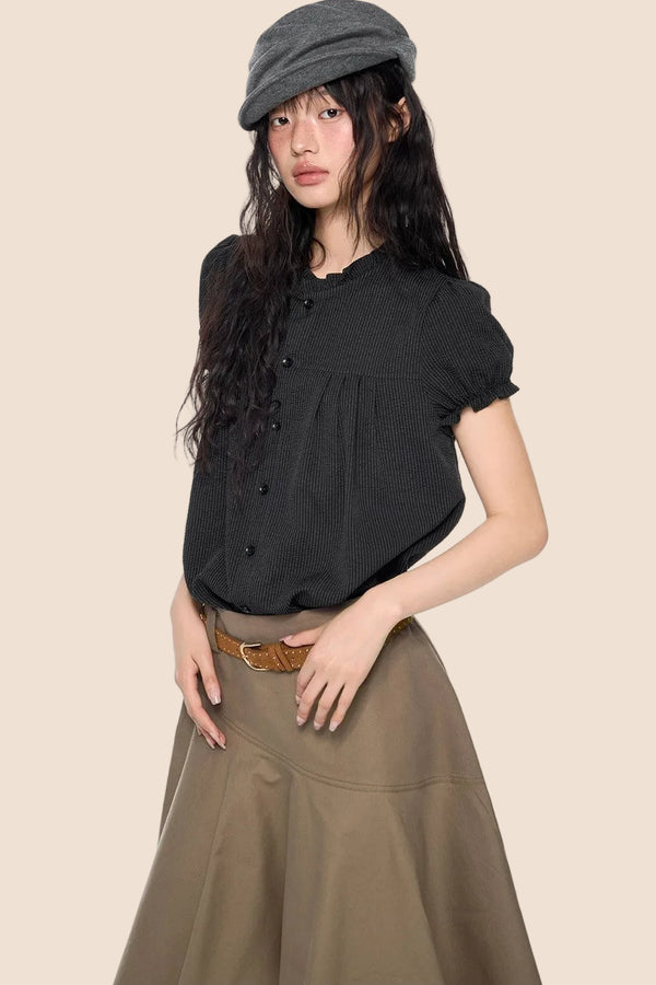 Pleated Lace Collar Short Sleeve Shirt