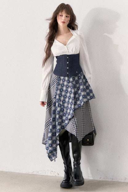 White Shirt and Denim Waistband Asymmetrical Plaid Skirt Set-Up