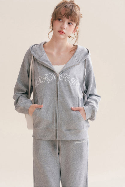 Hooded Logo Embroidered Sweatshirt Jacket and Drawstring Straight-Leg Sweatpants Set-Up