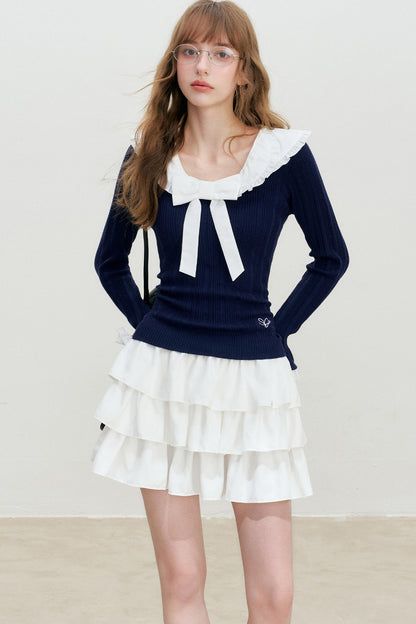 Doll Collar Detachable Bow Knit Top