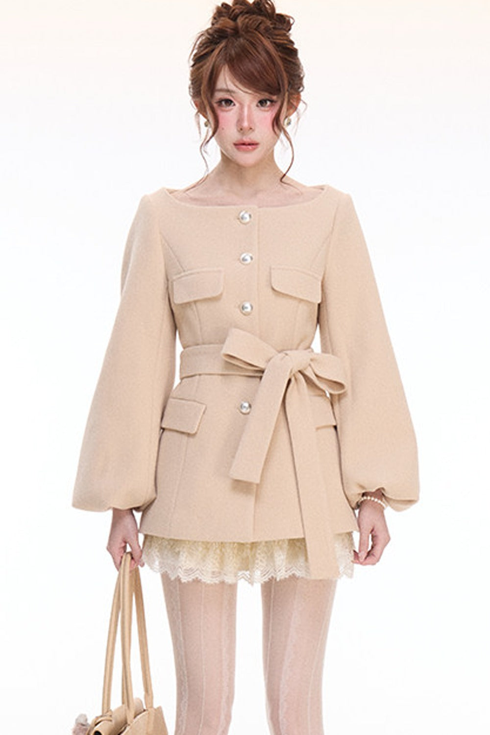 Lantern Sleeve Wool Coat & Lace Tiered Skirt Set-Up
