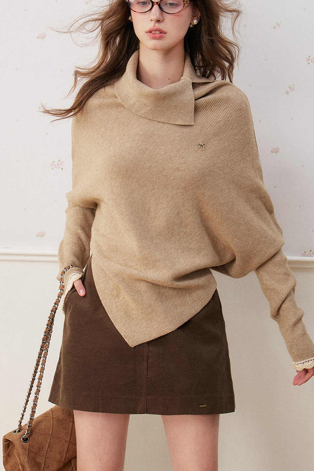 Batwing Sleeve Folded Neck Sweater